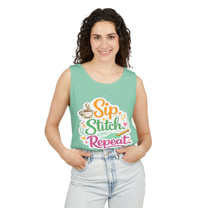 Sip. Stitch. Repeat.™ Tank Top – Crochet & Knitting Tank | Coffee Lover Craft Shirt