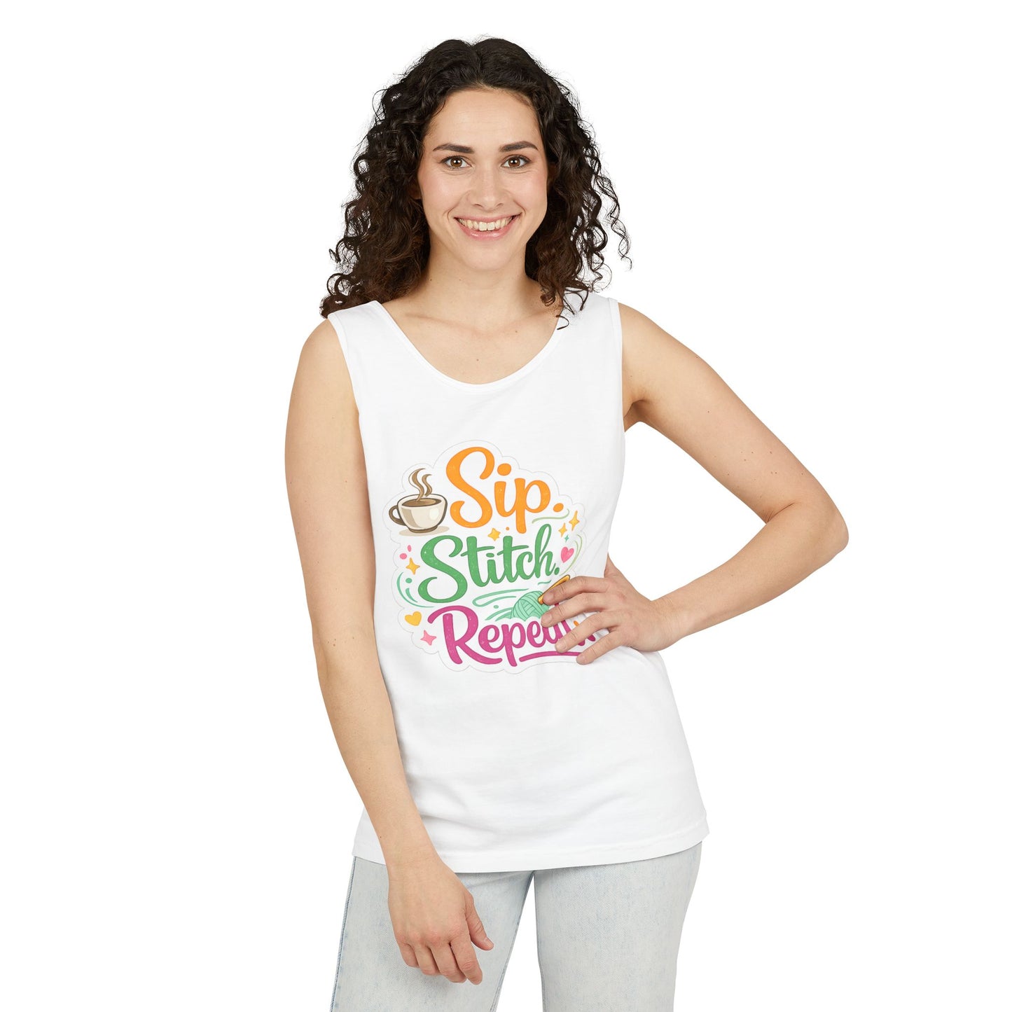 Sip. Stitch. Repeat.™ Tank Top – Crochet & Knitting Tank | Coffee Lover Craft Shirt
