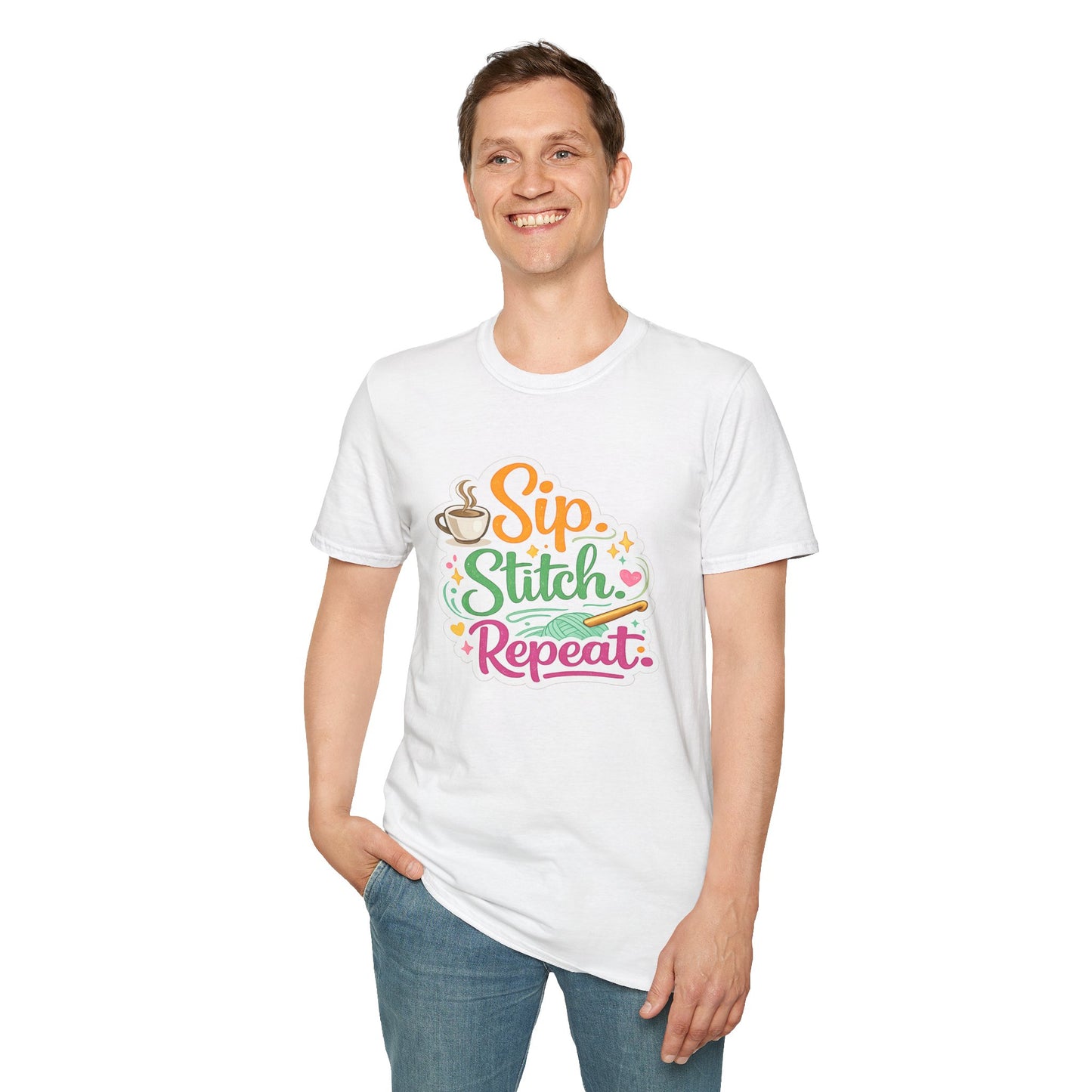 Sip. Stitch. Repeat.™ T-Shirt — Cute Crochet Knitting Crafter Tee