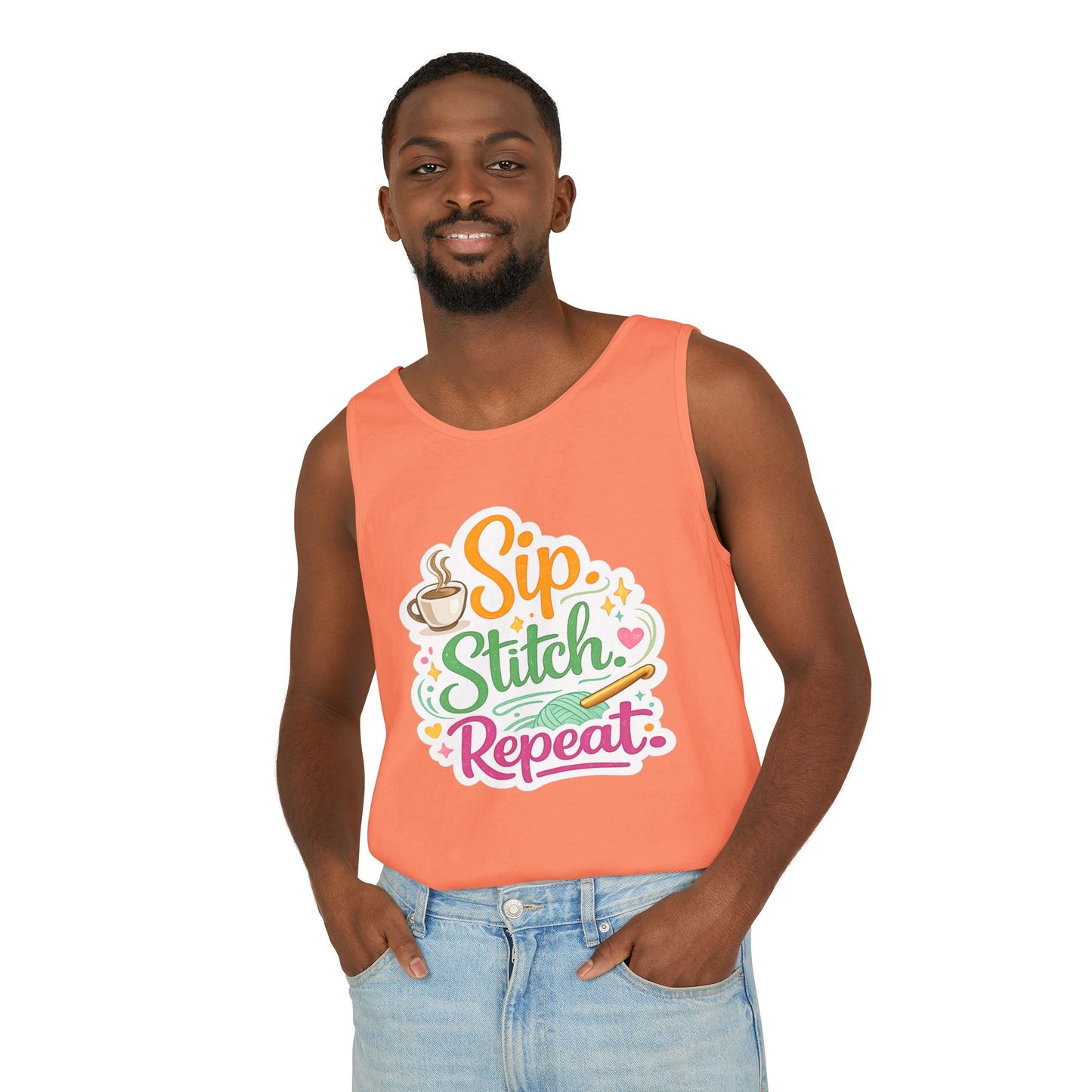 Sip. Stitch. Repeat.™ Tank Top – Crochet & Knitting Tank | Coffee Lover Craft Shirt