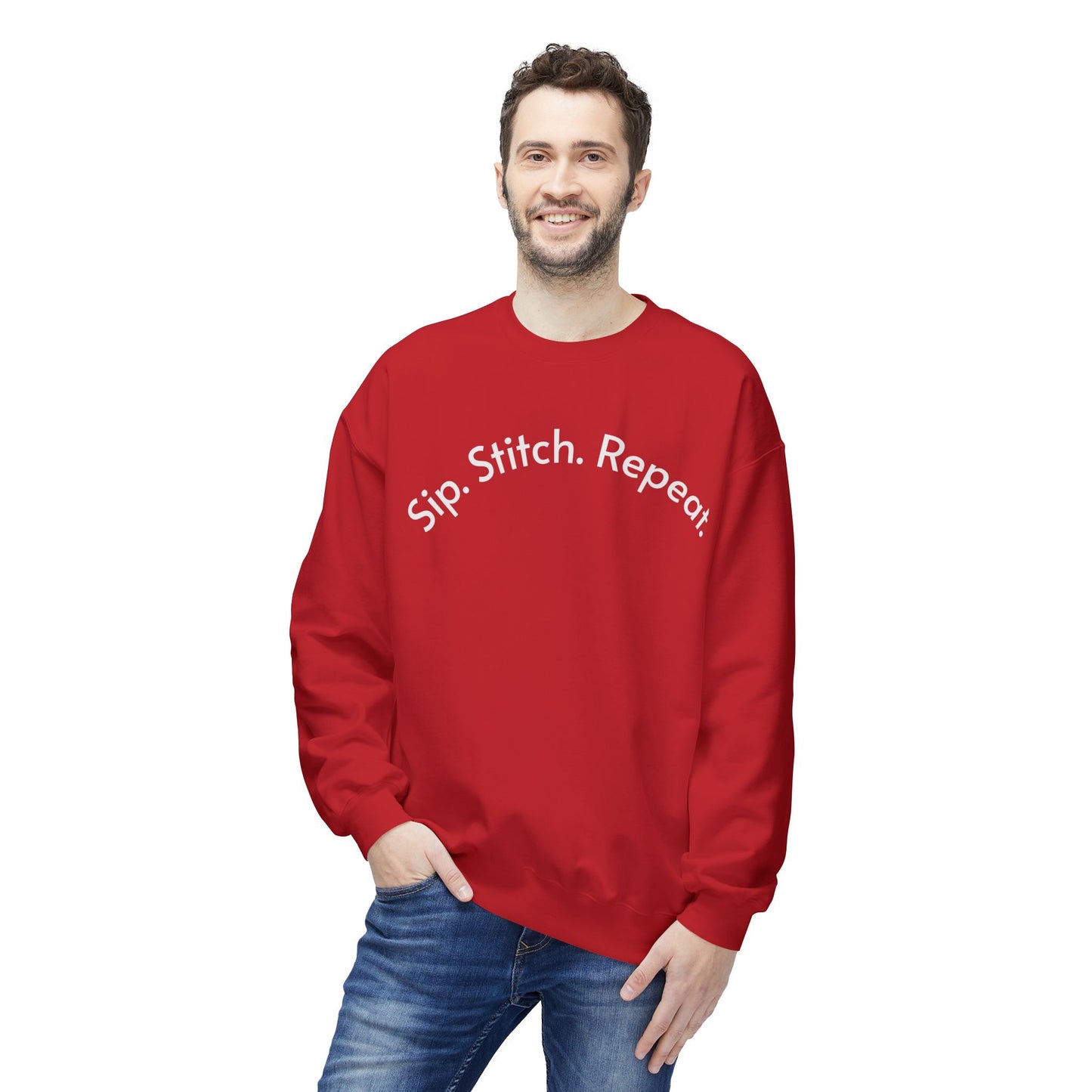 Sip Stitch Repeat™ Crochet & Knitting Sweatshirt – Brewed & Hooked Cozy Crewneck for Yarn Lovers, Coffee & Crochet Gift