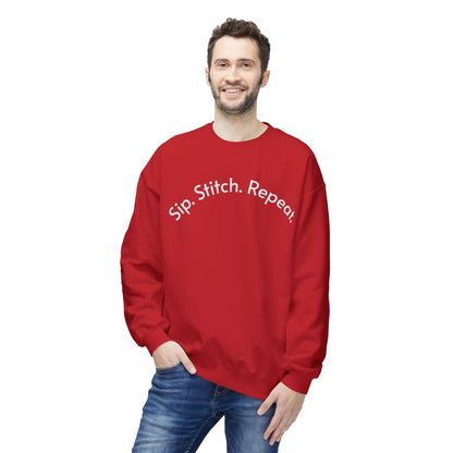 Sip Stitch Repeat™ Crochet & Knitting Sweatshirt – Brewed & Hooked Cozy Crewneck for Yarn Lovers, Coffee & Crochet Gift