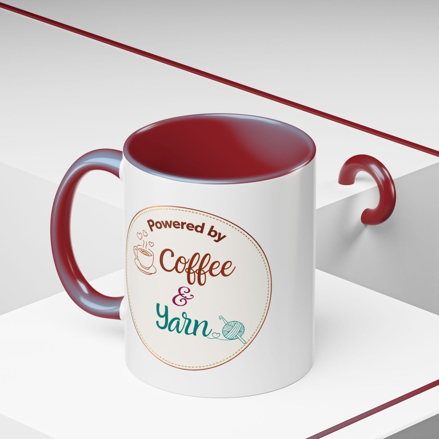 Right-Handed “Powered by Coffee & Yarn” Accent Mug – Crochet & Knitting Lover Coffee Cup, Crafter Gift, Dishwasher & Microwave Safe Ceramic Mug (11oz, 15oz)