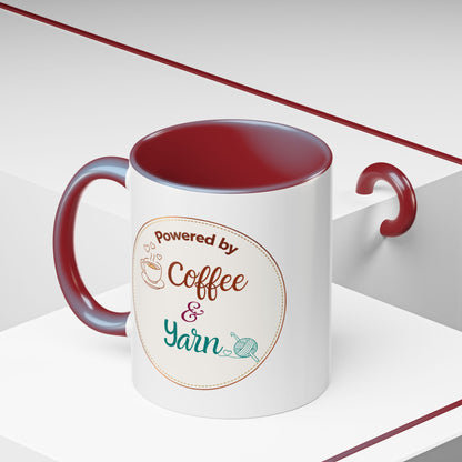 Right-Handed “Powered by Coffee & Yarn” Accent Mug – Crochet & Knitting Lover Coffee Cup, Crafter Gift, Dishwasher & Microwave Safe Ceramic Mug (11oz, 15oz)
