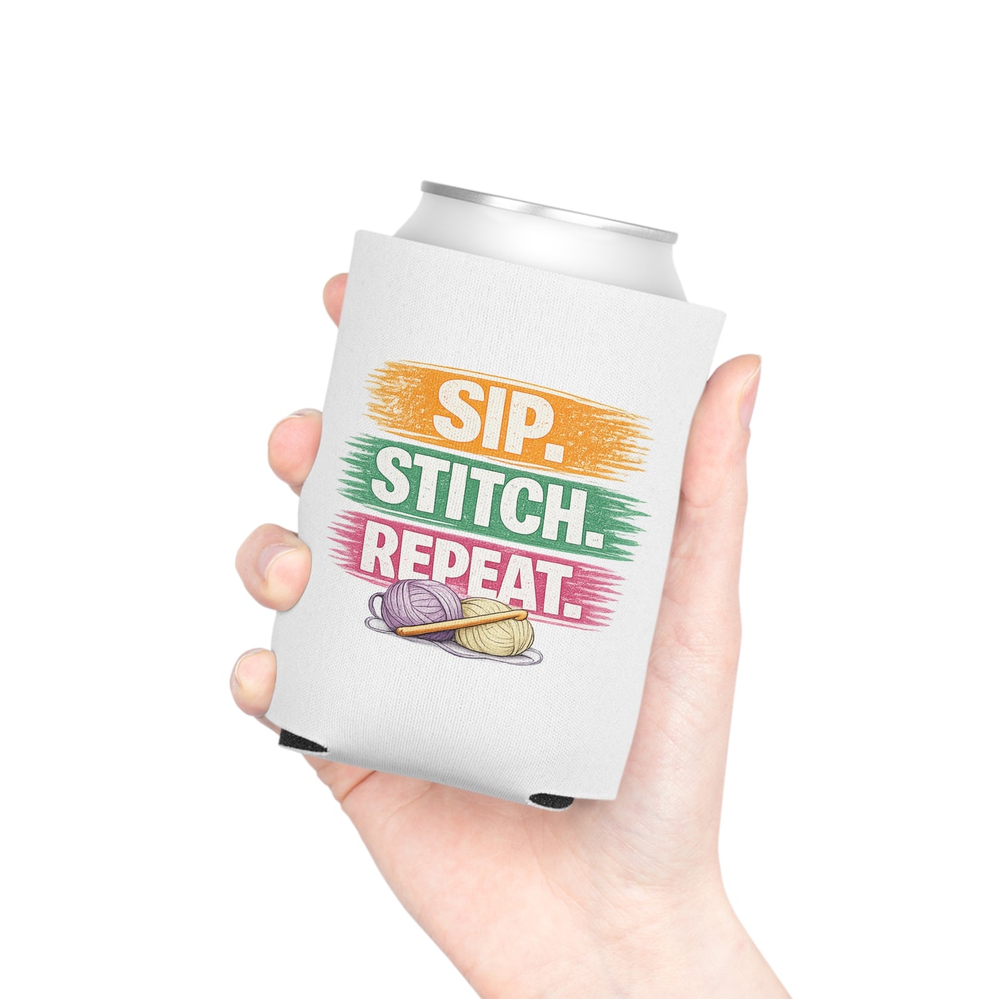 Sip Stitch Repeat™ Can Cooler – Crochet & Knitting Lover Drink Cozy for Craft Nights & Coffee Breaks