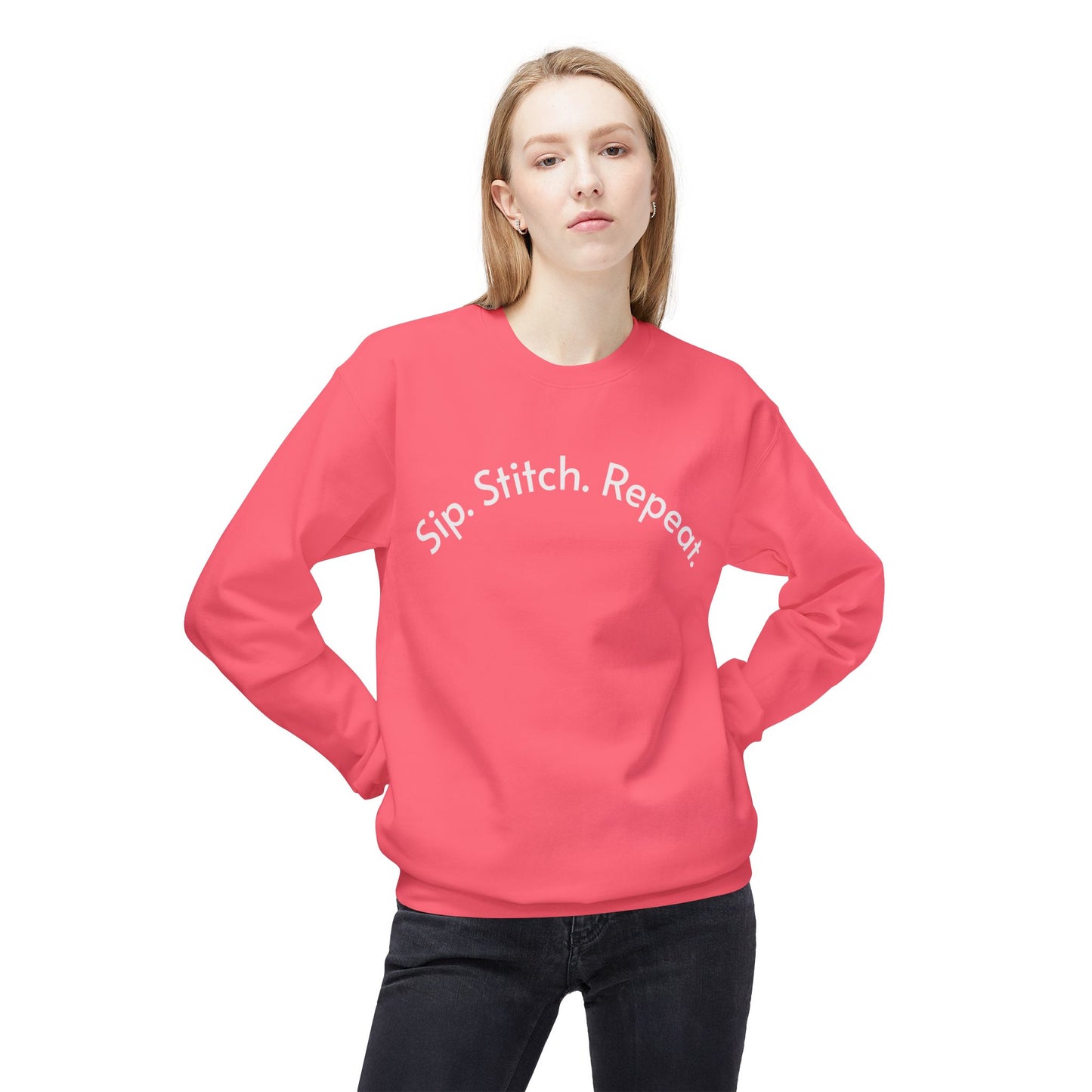 Sip Stitch Repeat™ Crochet & Knitting Sweatshirt – Brewed & Hooked Cozy Crewneck for Yarn Lovers, Coffee & Crochet Gift