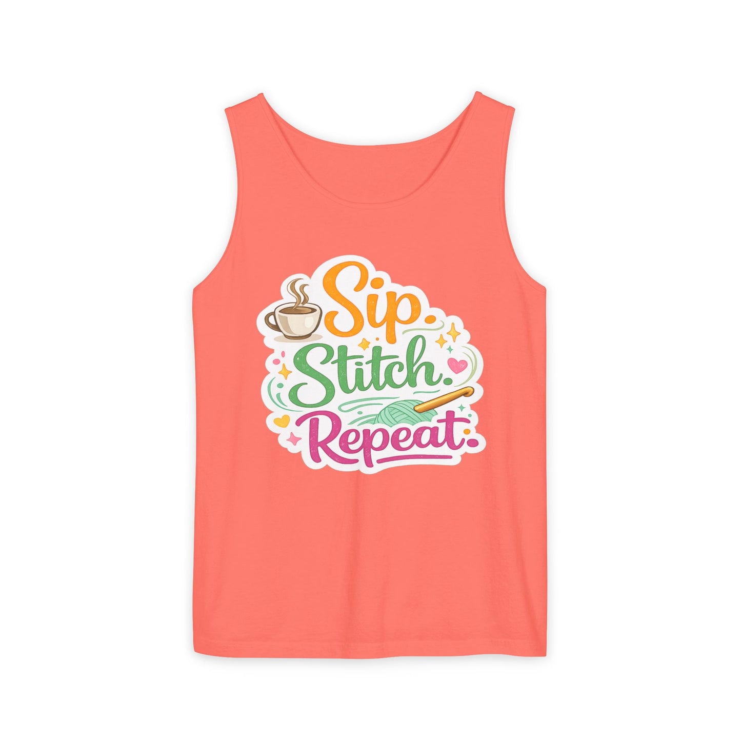 Sip. Stitch. Repeat.™ Tank Top – Crochet & Knitting Tank | Coffee Lover Craft Shirt
