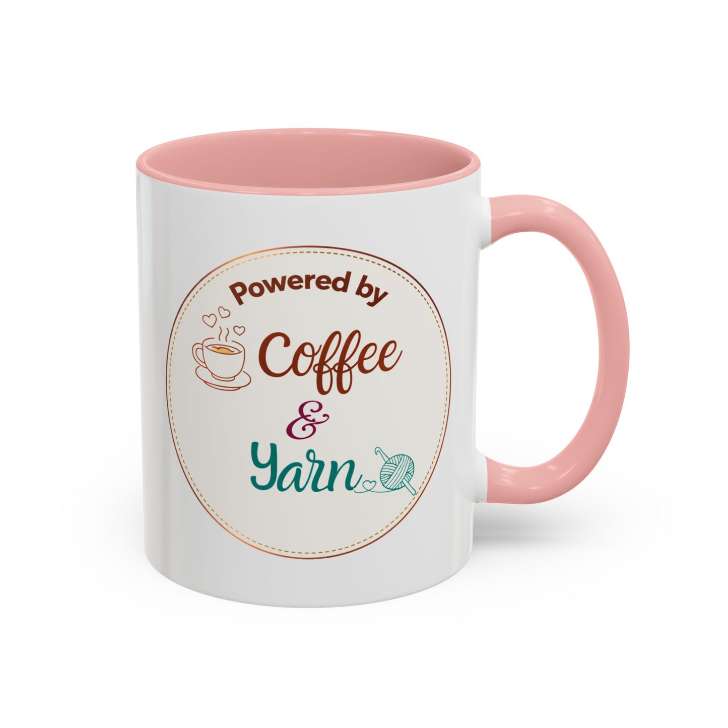 Left-Handed Coffee & Yarn Mug – “Powered by Coffee & Yarn” Accent Ceramic Mug for Crocheters & Knitters (11oz / 15oz)