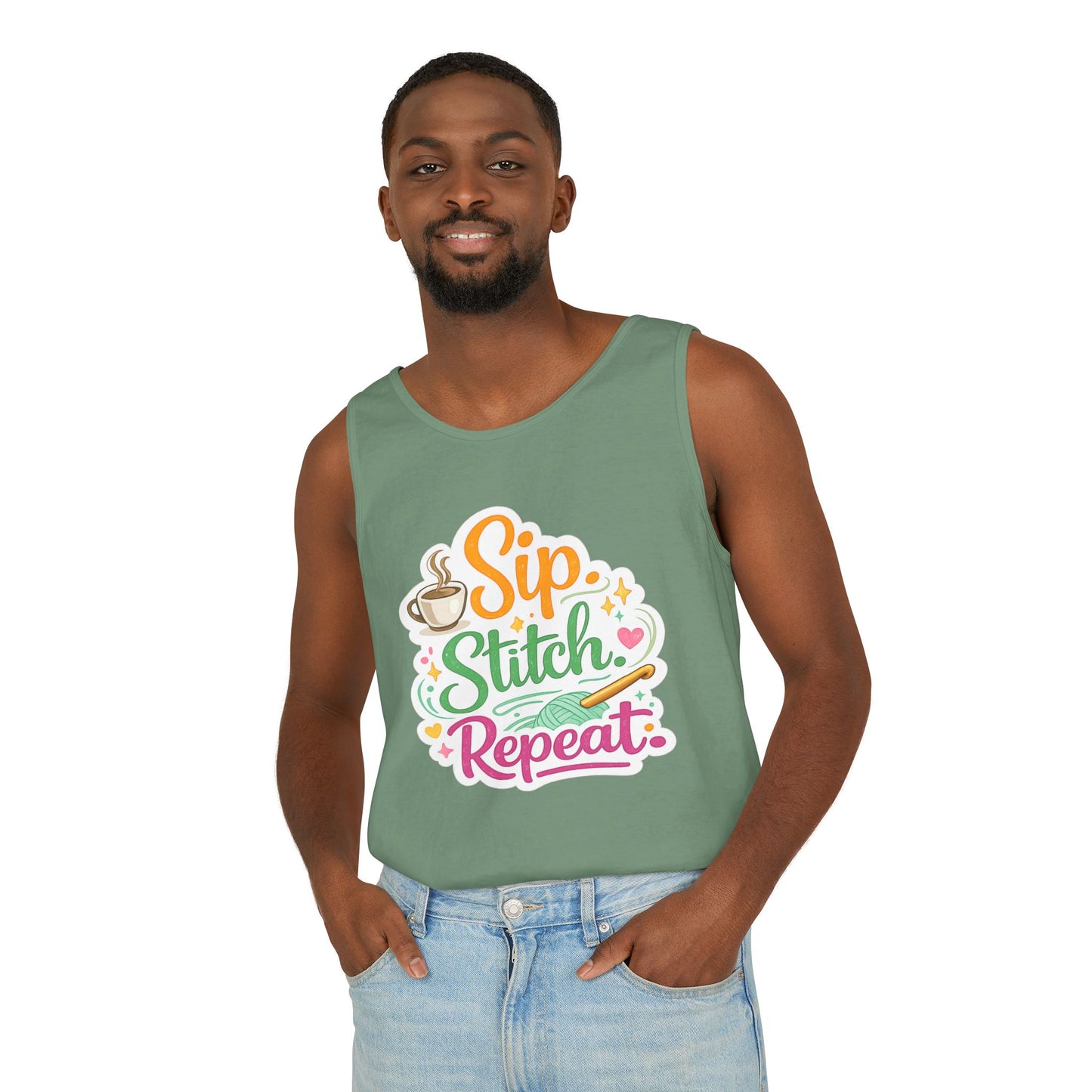 Sip. Stitch. Repeat.™ Tank Top – Crochet & Knitting Tank | Coffee Lover Craft Shirt