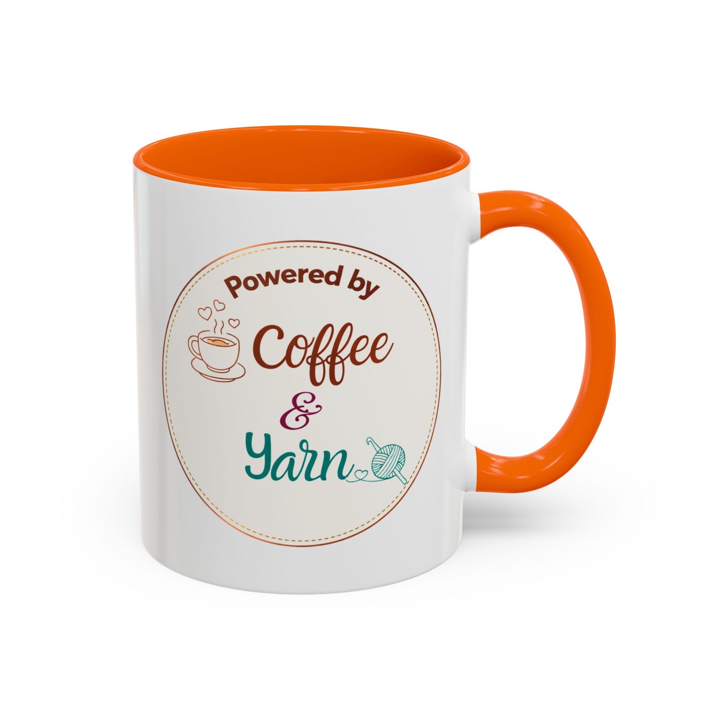 Left-Handed Coffee & Yarn Mug – “Powered by Coffee & Yarn” Accent Ceramic Mug for Crocheters & Knitters (11oz / 15oz)