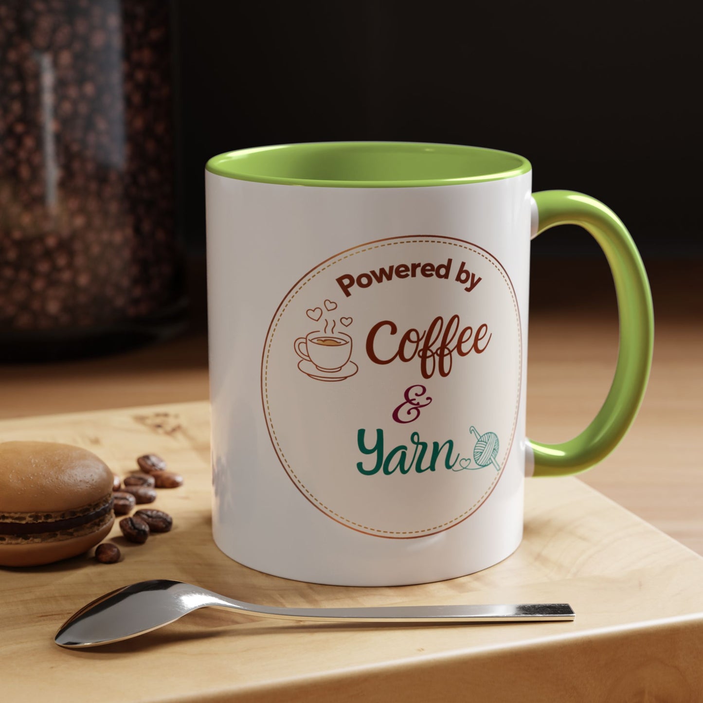 Left-Handed Coffee & Yarn Mug – “Powered by Coffee & Yarn” Accent Ceramic Mug for Crocheters & Knitters (11oz / 15oz)
