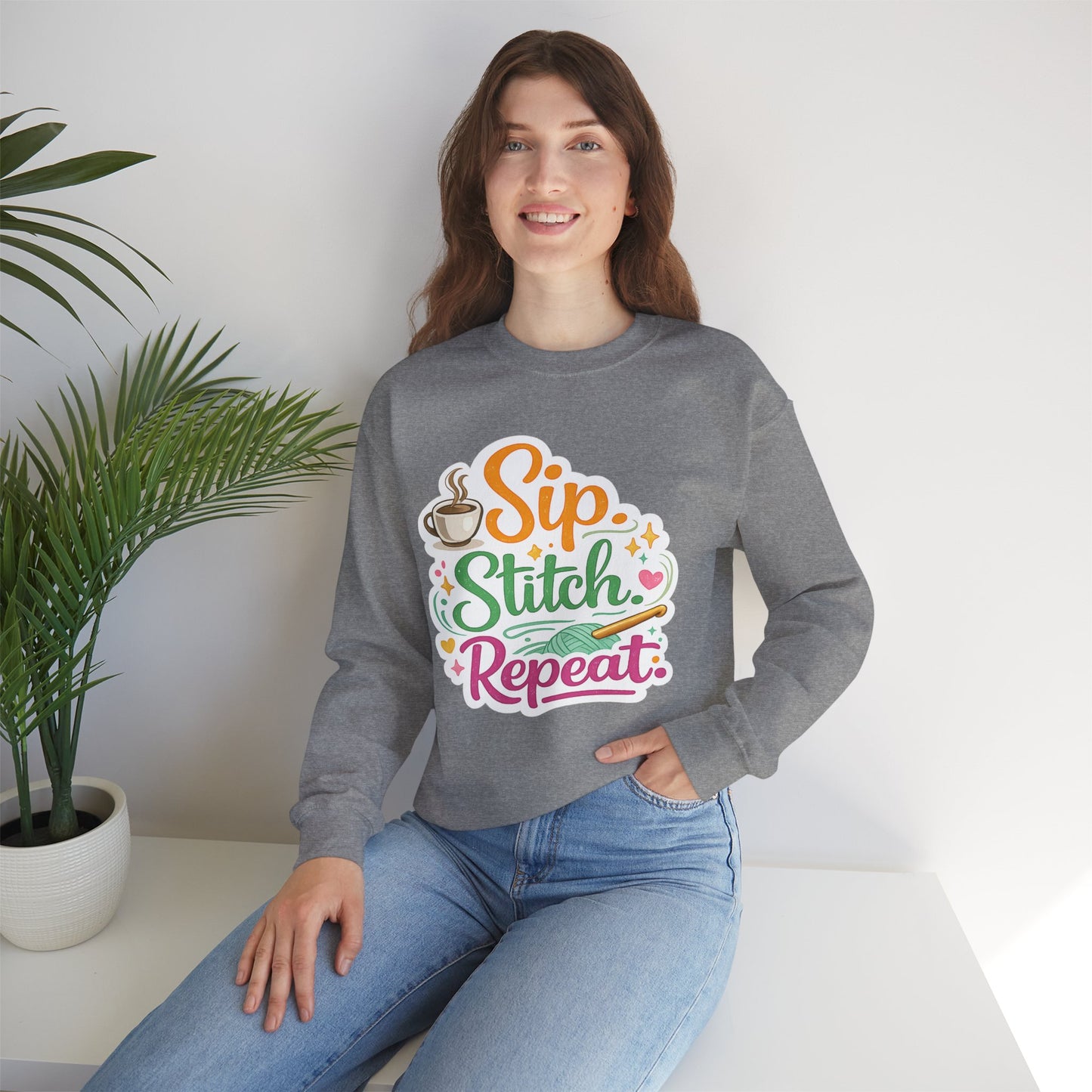 Sip. Stitch. Repeat.™ Sweatshirt — Cozy Maker Crewneck