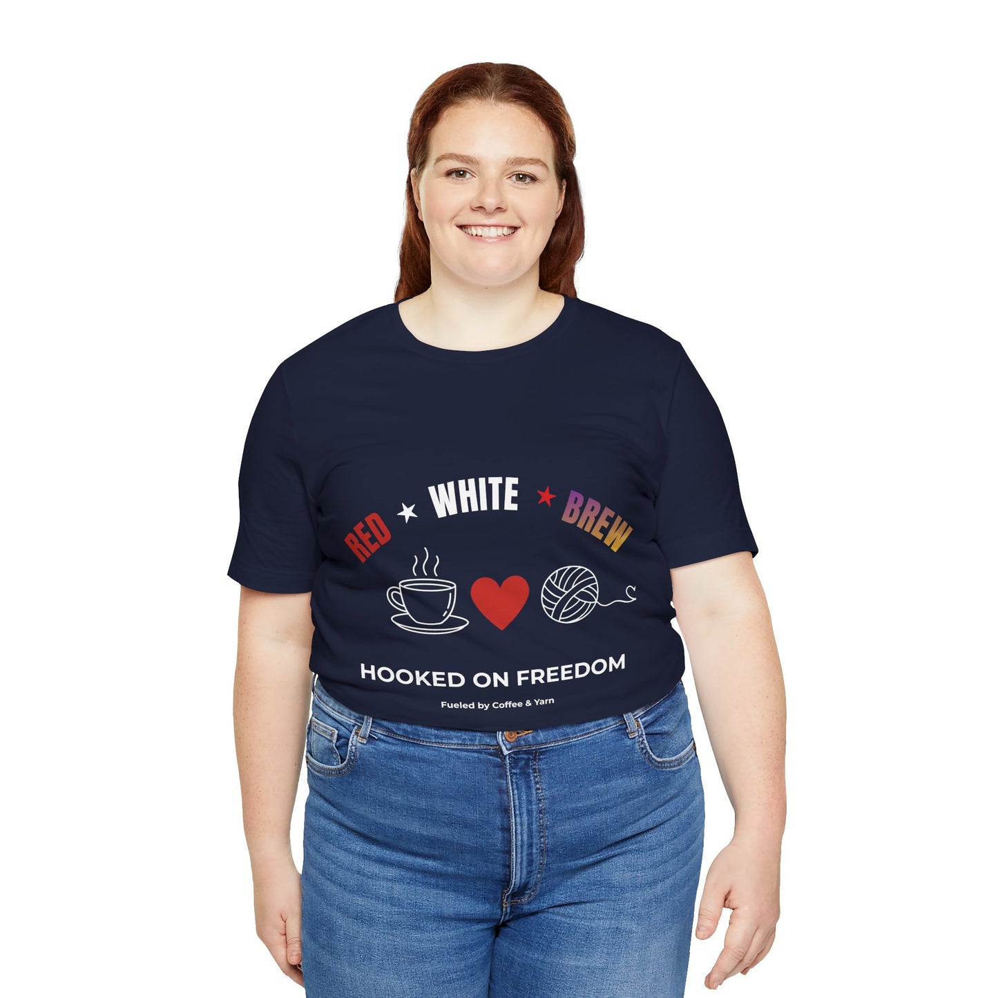 Red White Brew Tee | Hooked on Freedom Coffee & Yarn Shirt | Patriotic Crochet Lover T-Shirt | 4th of July Crafting Tee