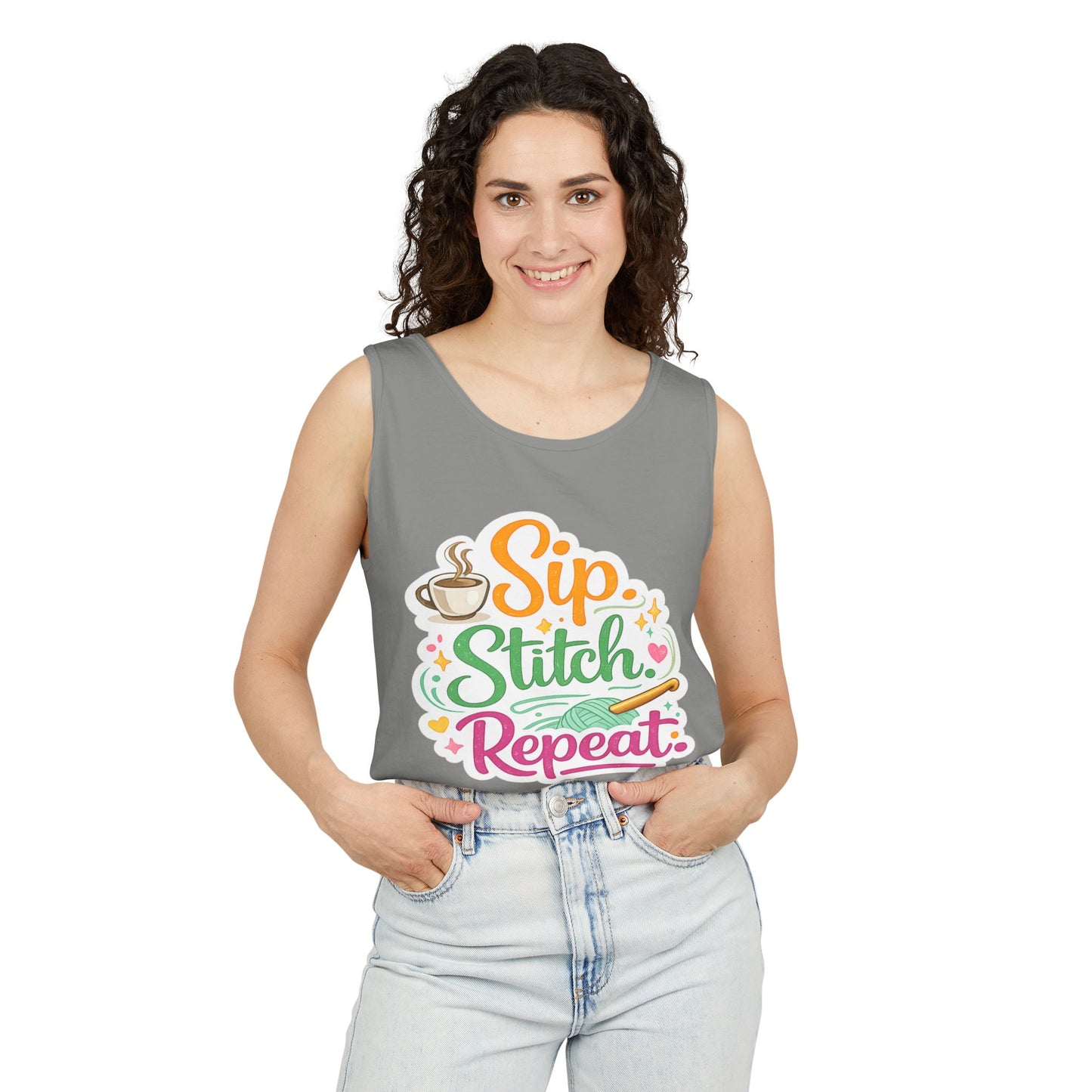 Sip. Stitch. Repeat.™ Tank Top – Crochet & Knitting Tank | Coffee Lover Craft Shirt
