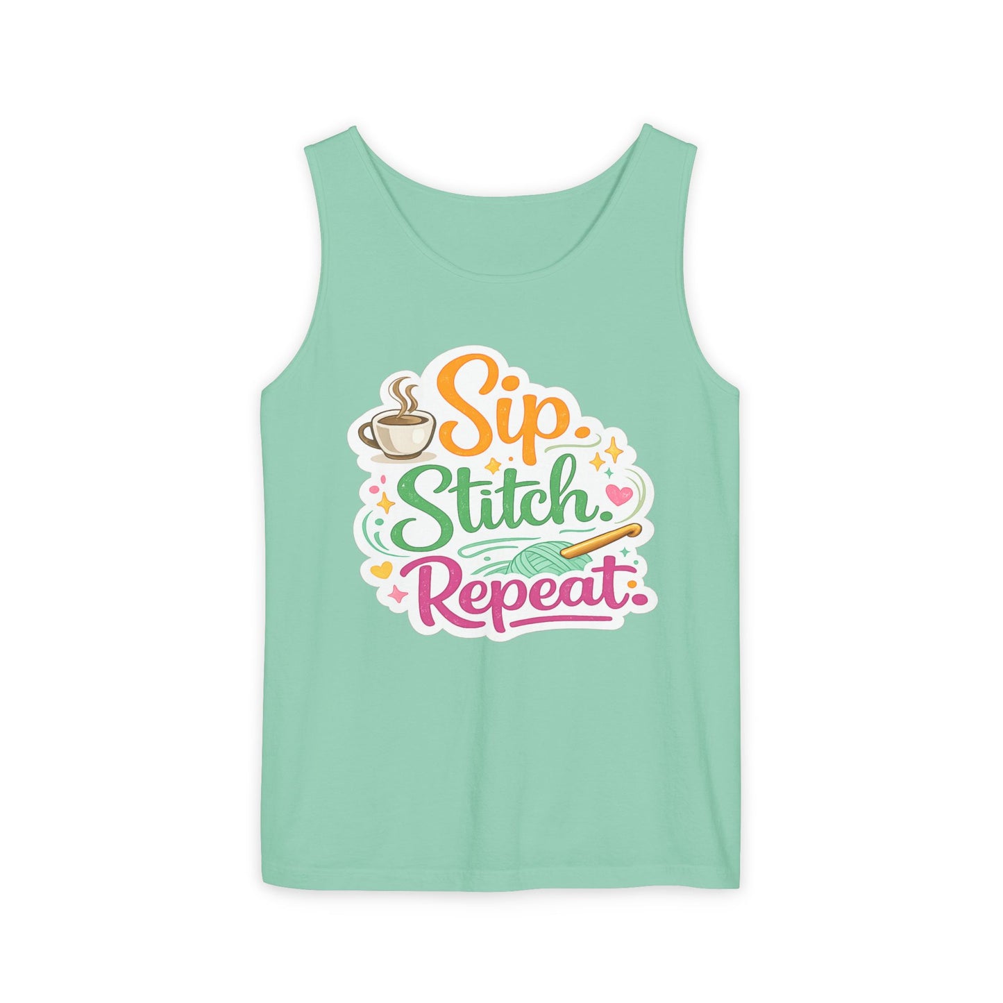 Sip. Stitch. Repeat.™ Tank Top – Crochet & Knitting Tank | Coffee Lover Craft Shirt