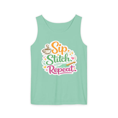 Sip. Stitch. Repeat.™ Tank Top – Crochet & Knitting Tank | Coffee Lover Craft Shirt