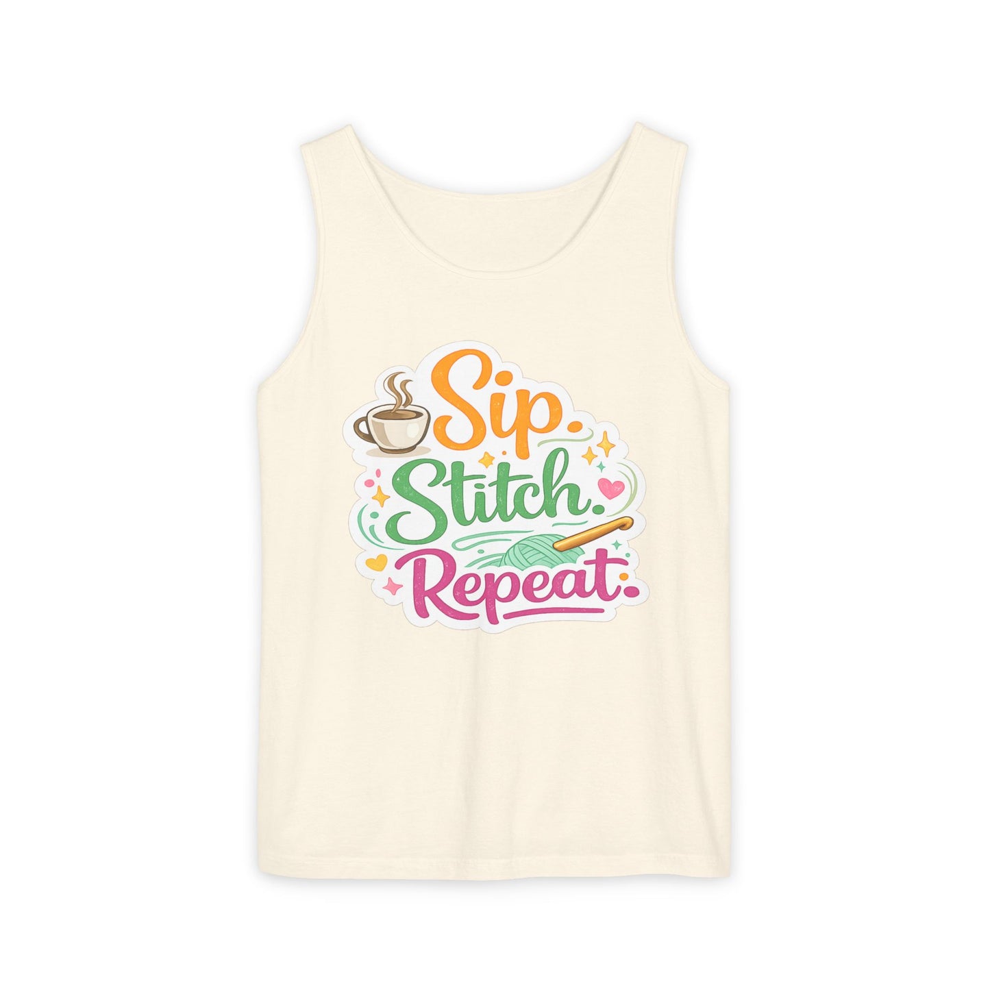 Sip. Stitch. Repeat.™ Tank Top – Crochet & Knitting Tank | Coffee Lover Craft Shirt
