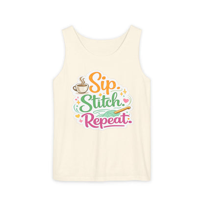 Sip. Stitch. Repeat.™ Tank Top – Crochet & Knitting Tank | Coffee Lover Craft Shirt