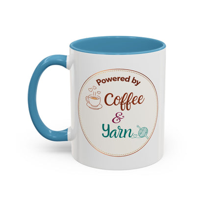 Right-Handed “Powered by Coffee & Yarn” Accent Mug – Crochet & Knitting Lover Coffee Cup, Crafter Gift, Dishwasher & Microwave Safe Ceramic Mug (11oz, 15oz)