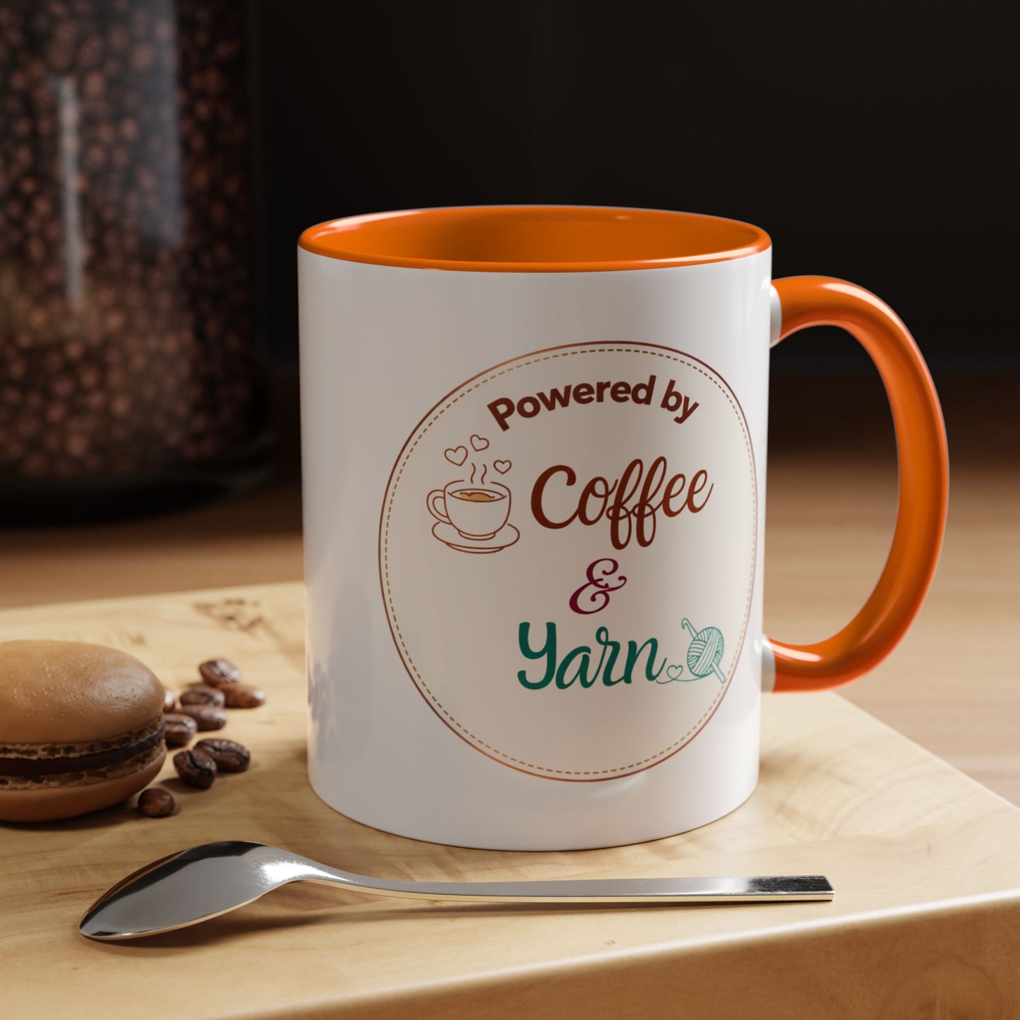 Left-Handed Coffee & Yarn Mug – “Powered by Coffee & Yarn” Accent Ceramic Mug for Crocheters & Knitters (11oz / 15oz)