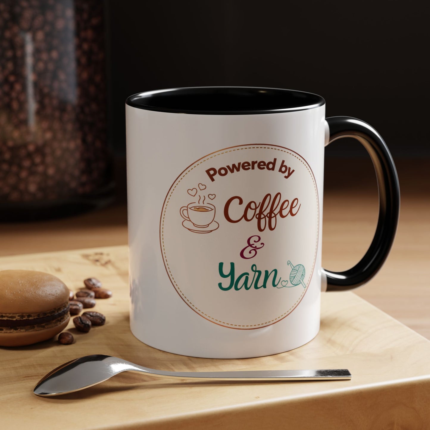 Left-Handed Coffee & Yarn Mug – “Powered by Coffee & Yarn” Accent Ceramic Mug for Crocheters & Knitters (11oz / 15oz)