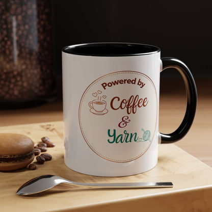 Left-Handed Coffee & Yarn Mug – “Powered by Coffee & Yarn” Accent Ceramic Mug for Crocheters & Knitters (11oz / 15oz)