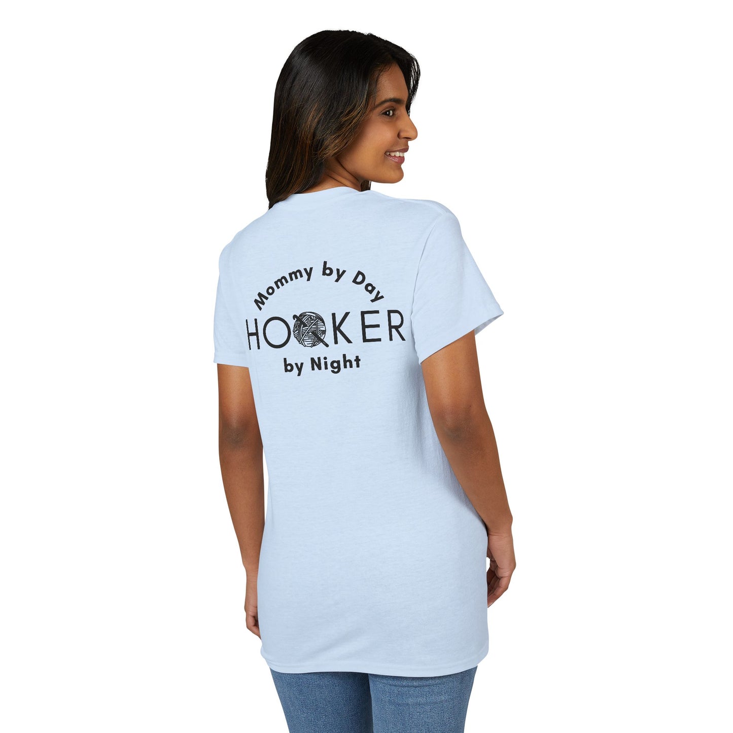 Mommy by Day, Hooker by Night Crochet Humor T-Shirt – Funny Yarn Lover Mom Tee for Crocheters & Knitters