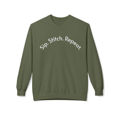 Sip Stitch Repeat™ Crochet & Knitting Sweatshirt – Brewed & Hooked Cozy Crewneck for Yarn Lovers, Coffee & Crochet Gift