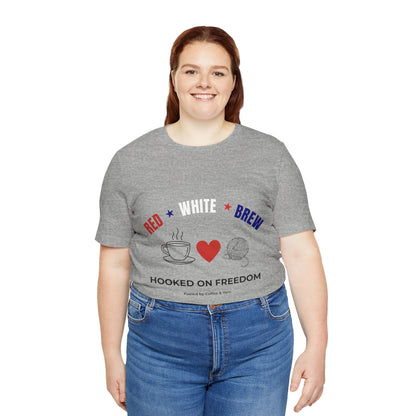 Red White Brew Tee | Hooked on Freedom Coffee & Yarn Shirt | Patriotic Crochet Lover T-Shirt | 4th of July Crafting Tee