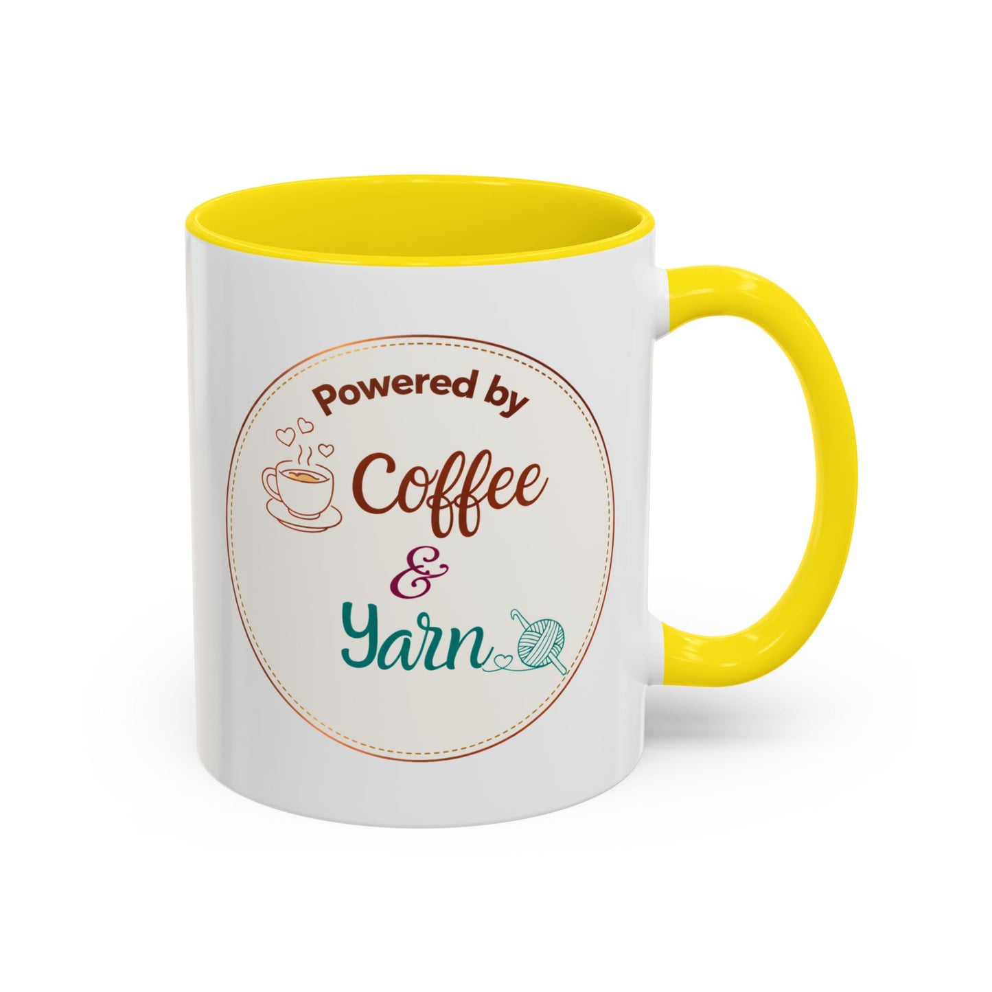 Left-Handed Coffee & Yarn Mug – “Powered by Coffee & Yarn” Accent Ceramic Mug for Crocheters & Knitters (11oz / 15oz)