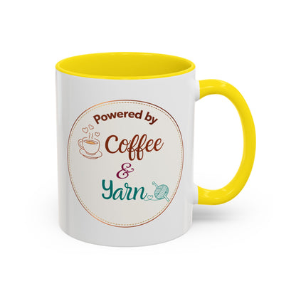 Left-Handed Coffee & Yarn Mug – “Powered by Coffee & Yarn” Accent Ceramic Mug for Crocheters & Knitters (11oz / 15oz)