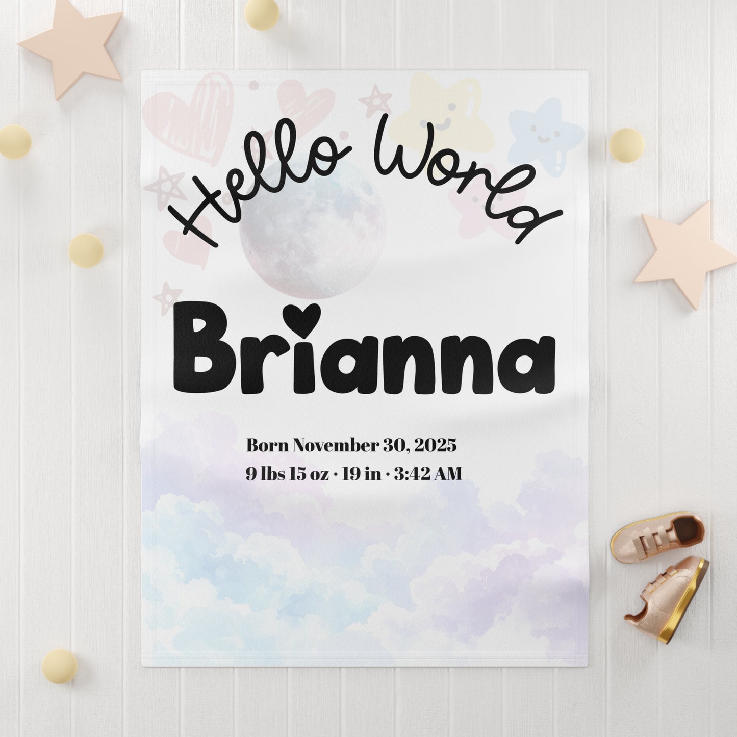 Personalized Baby Birth Stats Blanket – “Hello World” Newborn Keepsake with Name, Date, Weight & Time | Custom Baby Shower Gift