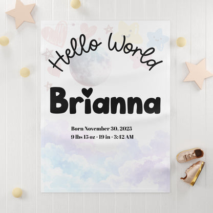 Personalized Baby Birth Stats Blanket – “Hello World” Newborn Keepsake with Name, Date, Weight & Time | Custom Baby Shower Gift