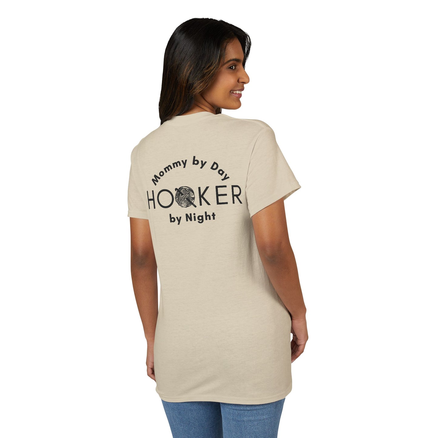 Mommy by Day, Hooker by Night Crochet Humor T-Shirt – Funny Yarn Lover Mom Tee for Crocheters & Knitters
