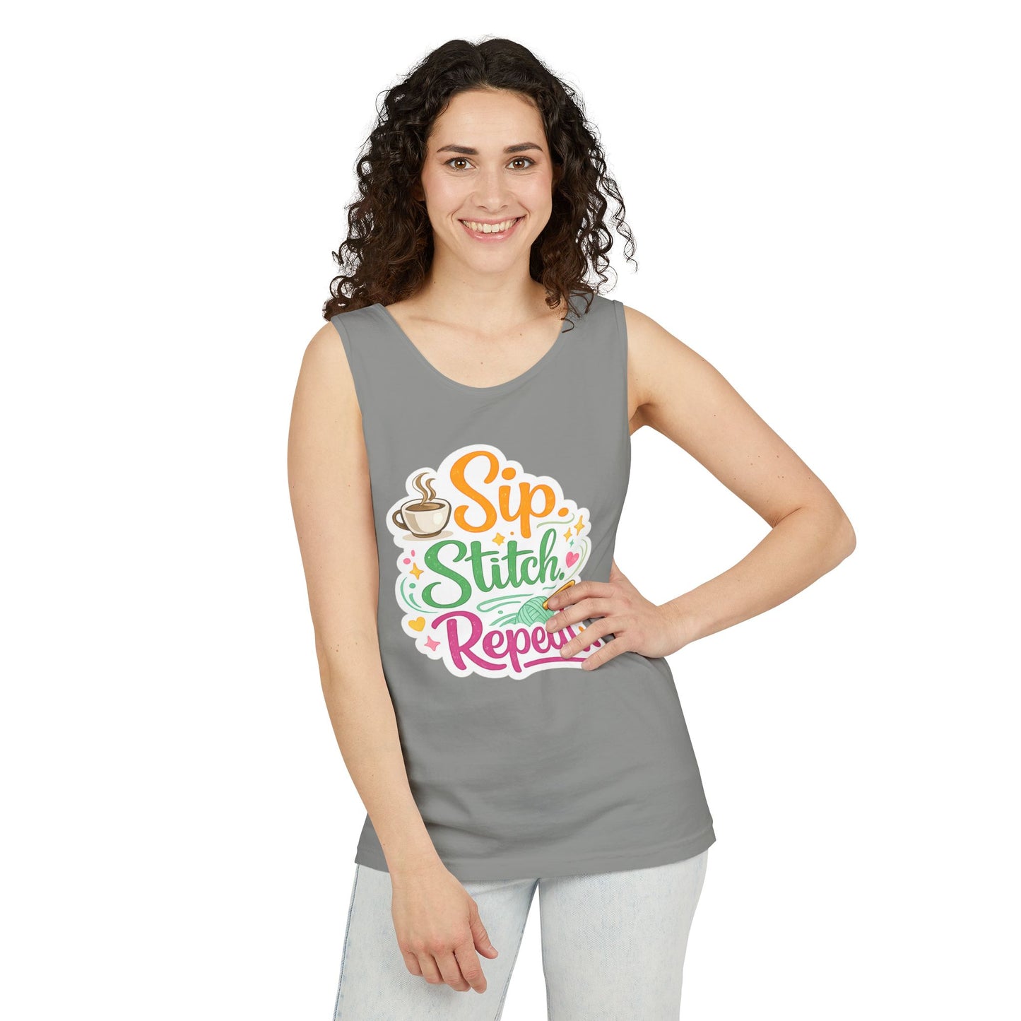 Sip. Stitch. Repeat.™ Tank Top – Crochet & Knitting Tank | Coffee Lover Craft Shirt