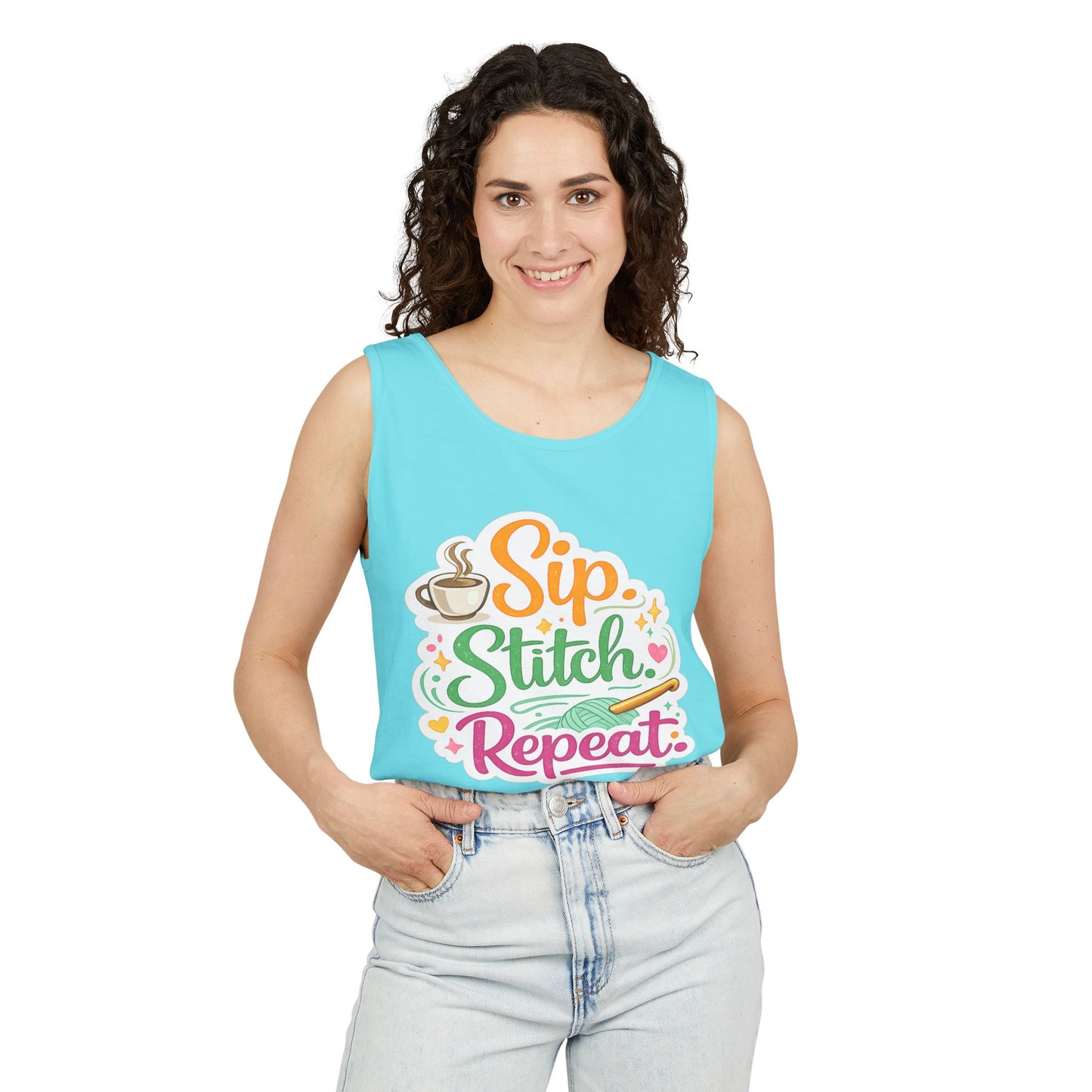 Sip. Stitch. Repeat.™ Tank Top – Crochet & Knitting Tank | Coffee Lover Craft Shirt