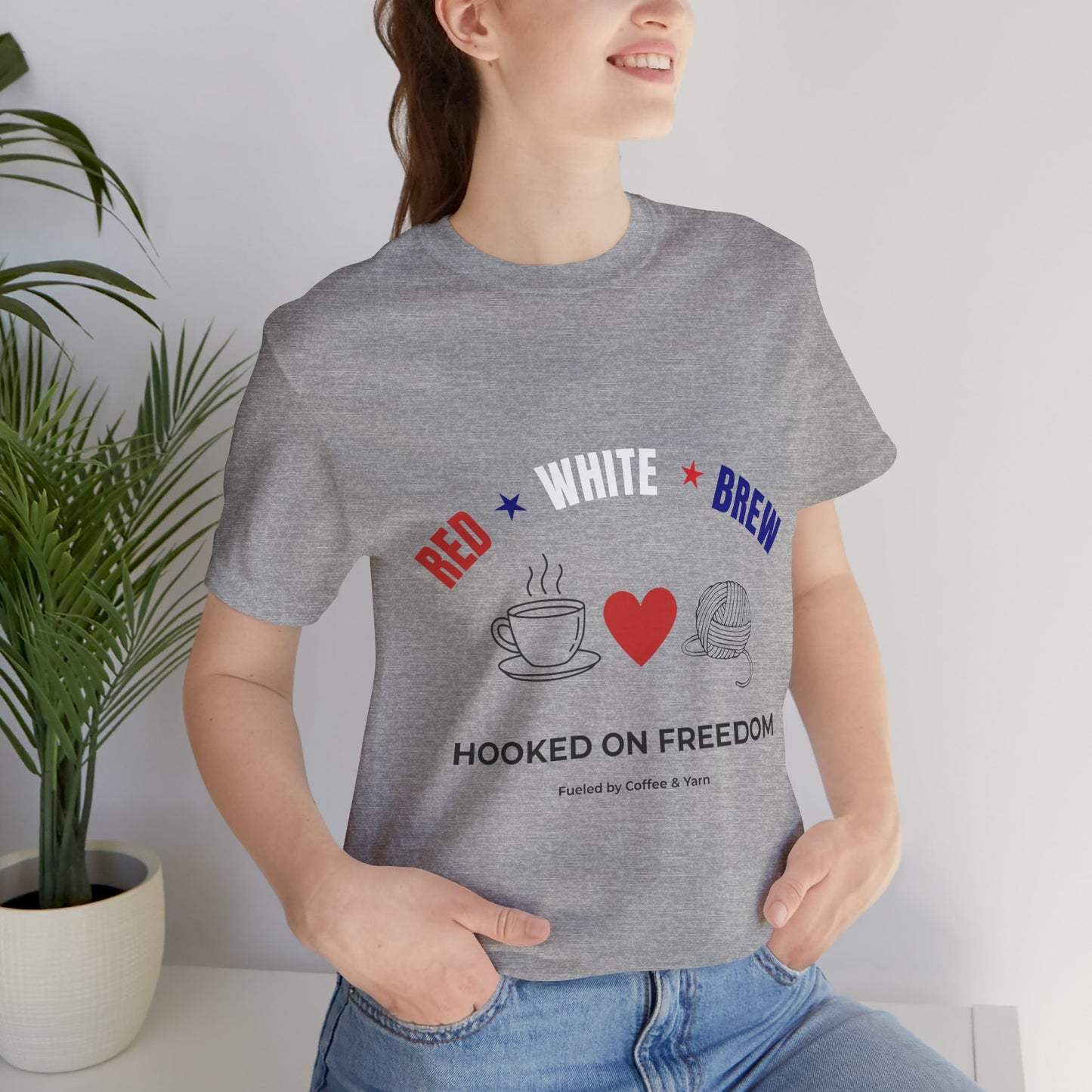 Red White Brew Tee | Hooked on Freedom Coffee & Yarn Shirt | Patriotic Crochet Lover T-Shirt | 4th of July Crafting Tee