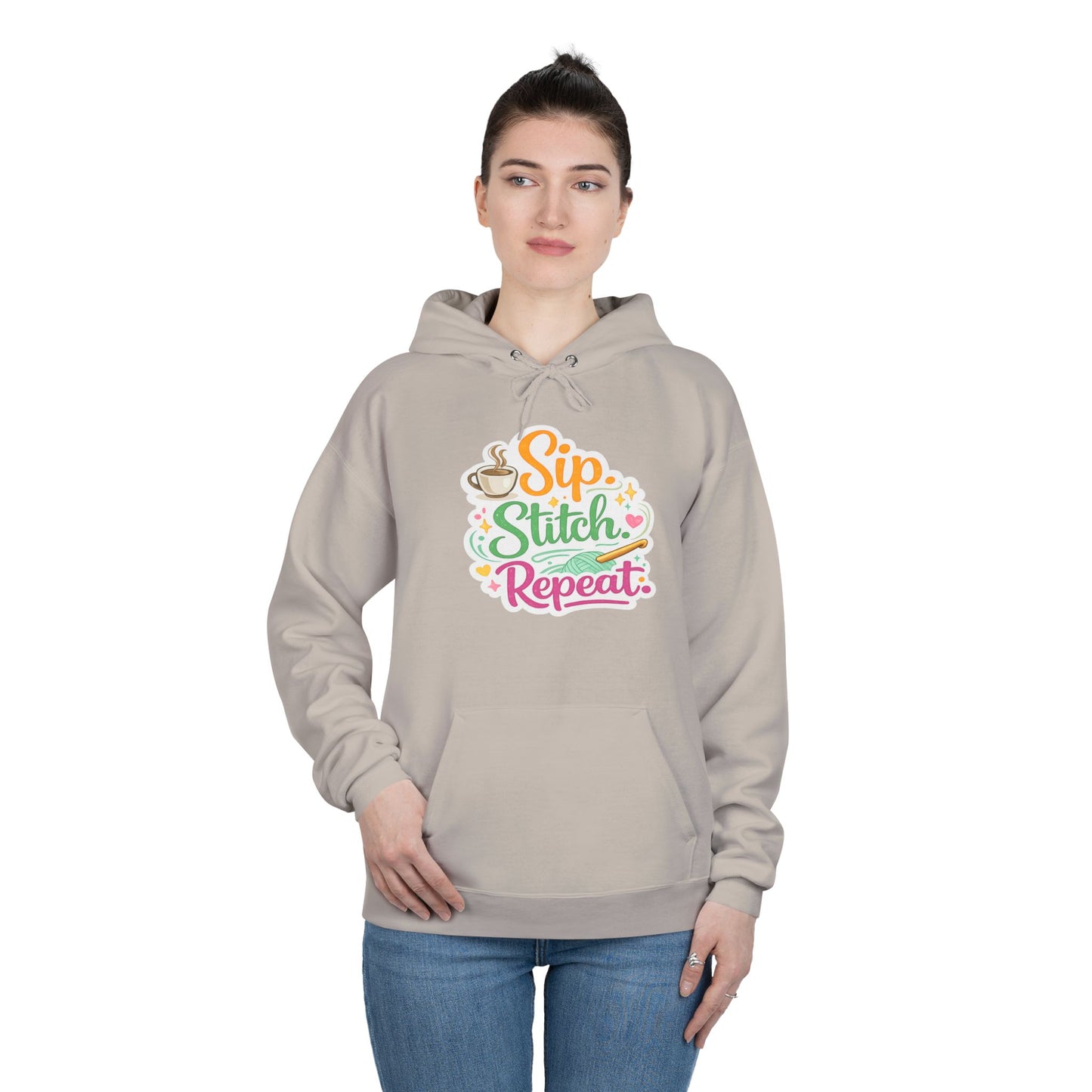 Sip. Stitch. Repeat.™ Hoodie – Cozy Crochet & Coffee Pullover for Makers | Yarn Lover Craft Hoodie