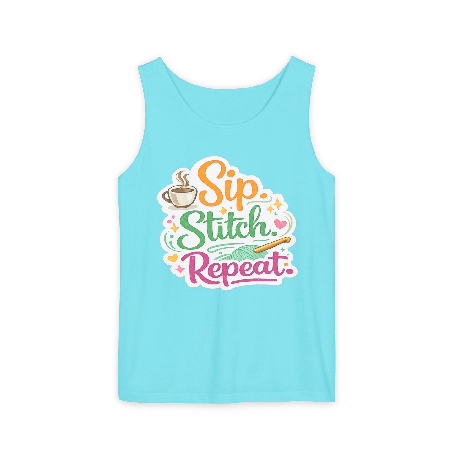Sip. Stitch. Repeat.™ Tank Top – Crochet & Knitting Tank | Coffee Lover Craft Shirt
