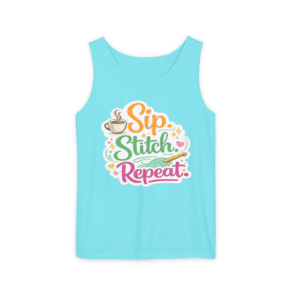Sip. Stitch. Repeat.™ Tank Top – Crochet & Knitting Tank | Coffee Lover Craft Shirt