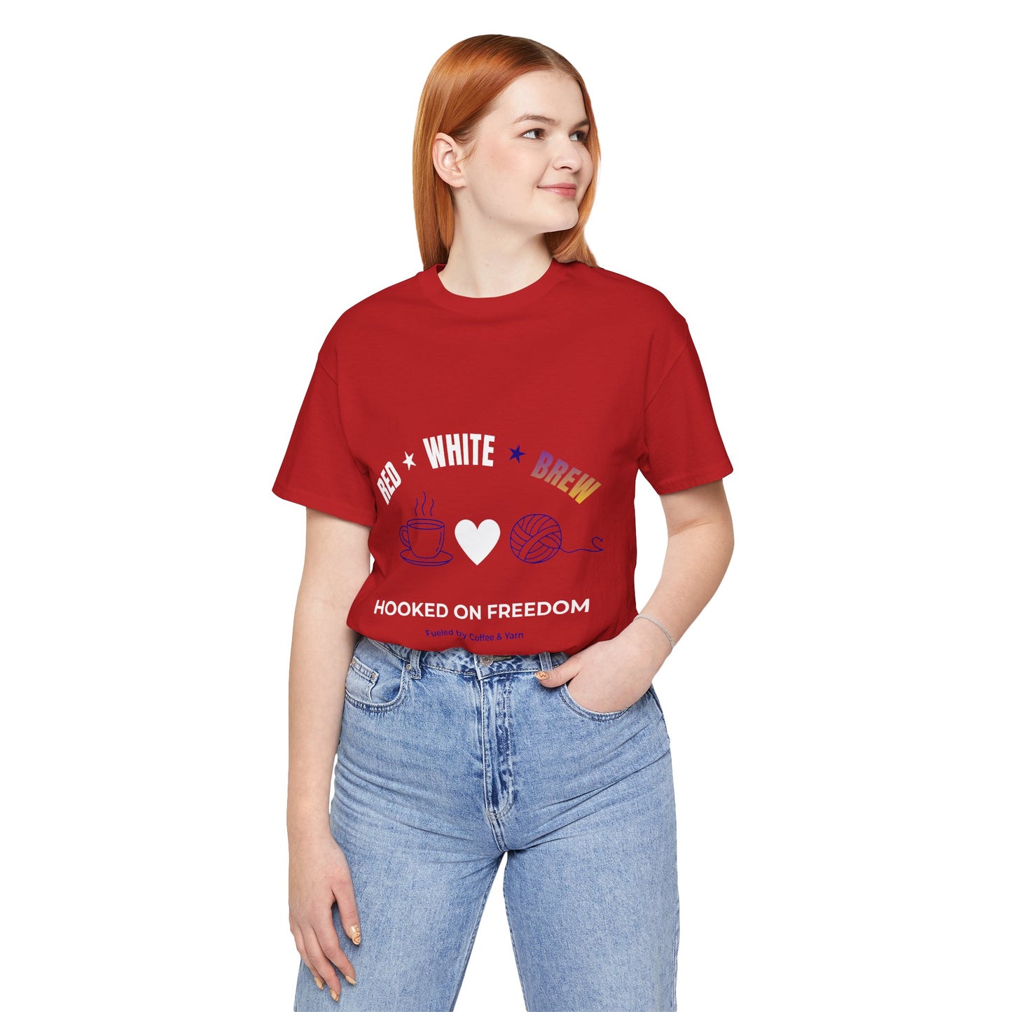 Red White Brew Tee | Hooked on Freedom Coffee & Yarn Shirt | Patriotic Crochet Lover T-Shirt | 4th of July Crafting Tee