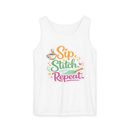 Sip. Stitch. Repeat.™ Tank Top – Crochet & Knitting Tank | Coffee Lover Craft Shirt