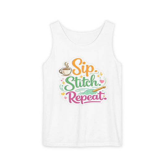 Sip. Stitch. Repeat.™ Tank Top – Crochet & Knitting Tank | Coffee Lover Craft Shirt