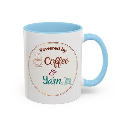 Left-Handed Coffee & Yarn Mug – “Powered by Coffee & Yarn” Accent Ceramic Mug for Crocheters & Knitters (11oz / 15oz)