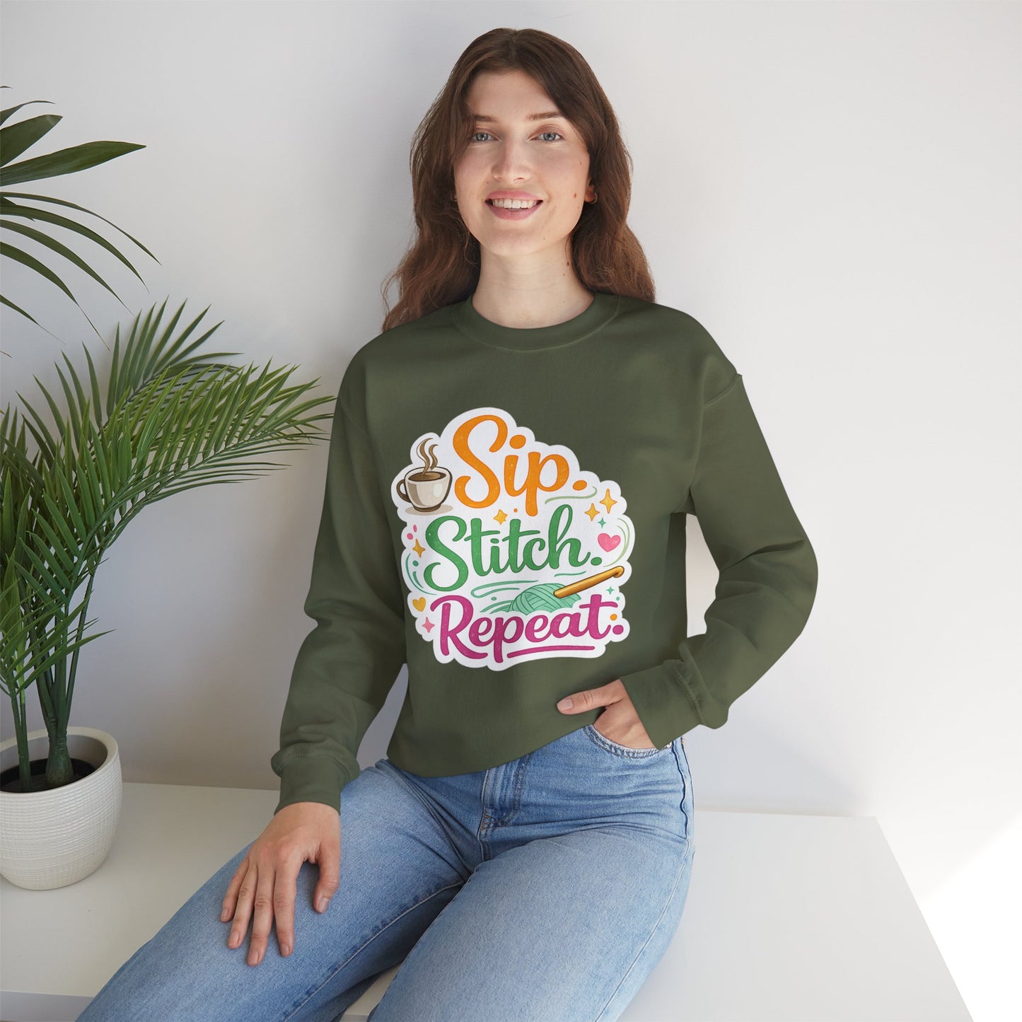 Sip. Stitch. Repeat.™ Sweatshirt — Cozy Maker Crewneck