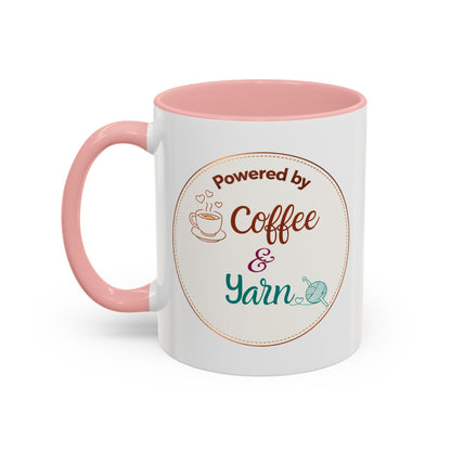 Right-Handed “Powered by Coffee & Yarn” Accent Mug – Crochet & Knitting Lover Coffee Cup, Crafter Gift, Dishwasher & Microwave Safe Ceramic Mug (11oz, 15oz)