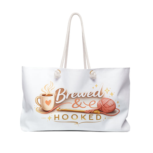 Brewed & Hooked Crochet Weekender Bag – Coffee & Yarn Project Tote, Crochet Lover Travel Bag, Knitting & Yarn Storage Tote
