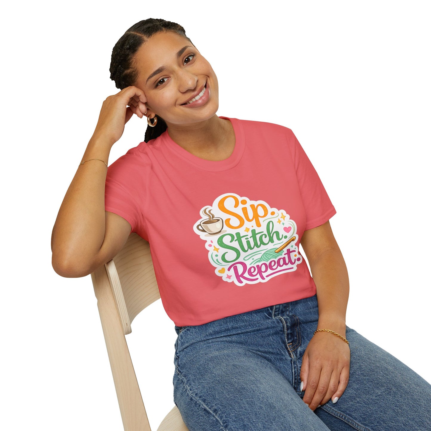Sip. Stitch. Repeat.™ T-Shirt — Cute Crochet Knitting Crafter Tee