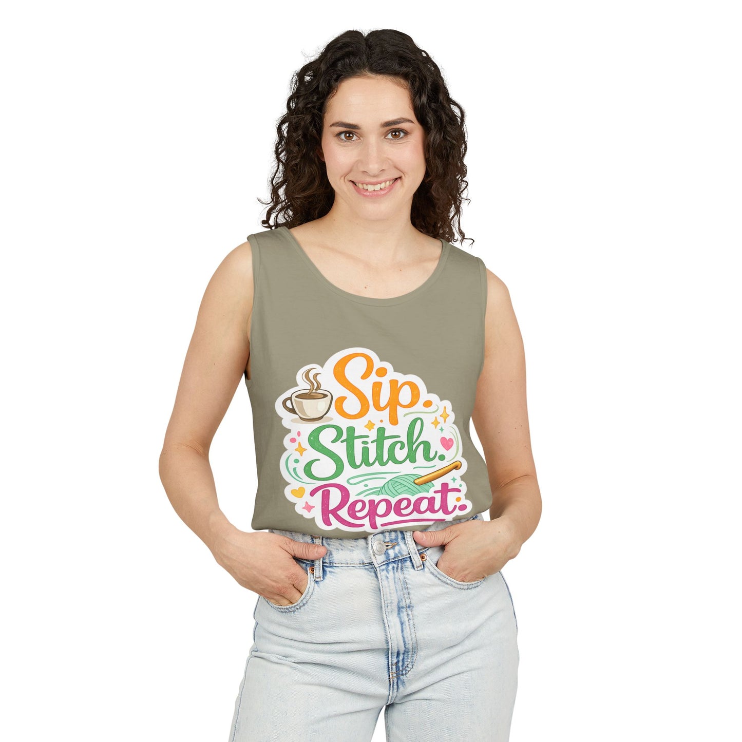Sip. Stitch. Repeat.™ Tank Top – Crochet & Knitting Tank | Coffee Lover Craft Shirt