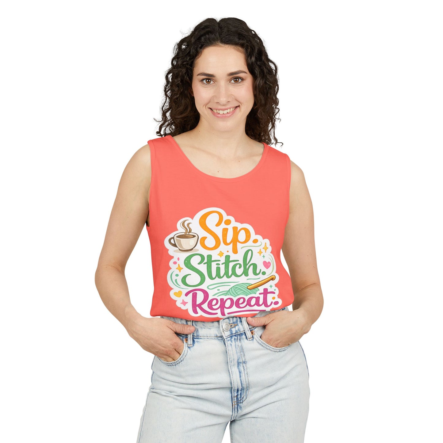 Sip. Stitch. Repeat.™ Tank Top – Crochet & Knitting Tank | Coffee Lover Craft Shirt